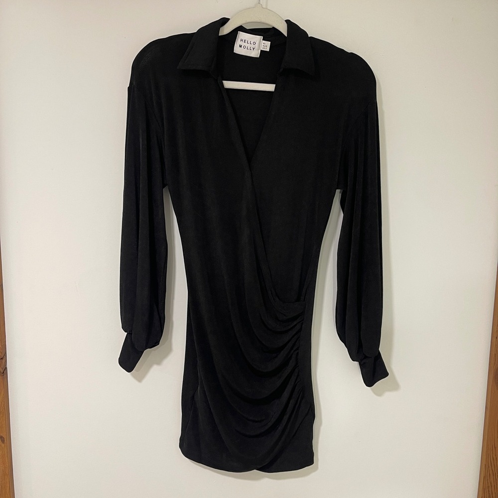 Hello Molly Mini Dress XS Black Long Sleeve Ruched Wrap Collar Bodycon Jersey
